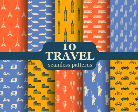 Cute set of seamless patterns with different landmarks and transportsのイラスト素材