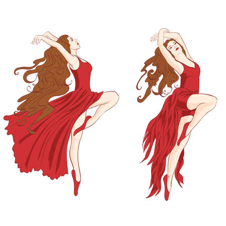 vector girls in red dress dancing contemporary danceのイラスト素材