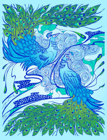 Vector decorative illustration with two peacocksのイラスト素材