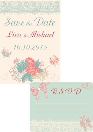 Vector illustration of a floral design in retro-style cards Save the date RSVPのイラスト素材