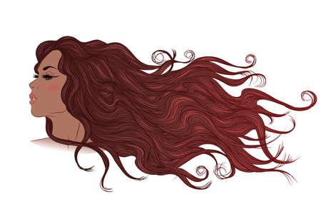 Vector illustration profile of African American girl with long flowing brown hairのイラスト素材
