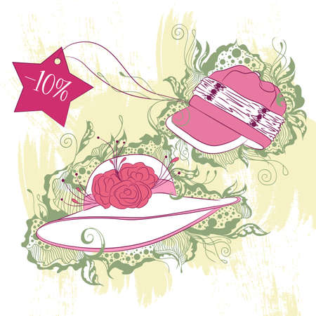 Vector decorative fashion illustration women hats, on grunge background with floral ornamentsのイラスト素材