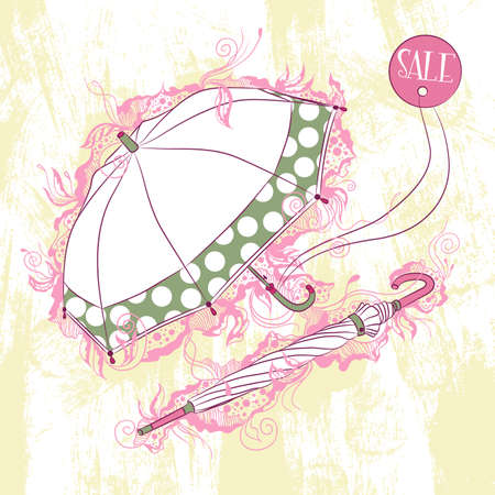 Vector decorative stylish illustration two umbrellas open and closed, on grunge background with floral ornamentsのイラスト素材