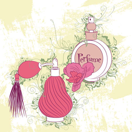 Vector decorative stylish illustration perfume bottles, on grunge background with floral ornamentsのイラスト素材