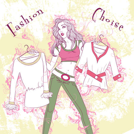 Vector decorative fashion illustration pondered woman with clothes in hands, on grunge background with floral ornamentsのイラスト素材