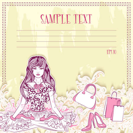 Message card with fashion girl in the lotus position. Design for notebook, diary, sticker, greeting card. Vector illustration.のイラスト素材