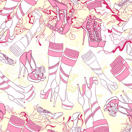 Vector seamless background pattern with women boots and fashion accessoriesのイラスト素材