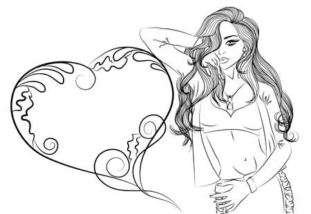 Vector illustration outline portrait of sexy girl with heart on white backgroundのイラスト素材