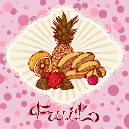 Color graphic card with bananas lemon strawberry cherry pineapple. Design for menu, notebook, diary, sticker, greeting card, commercial.のイラスト素材