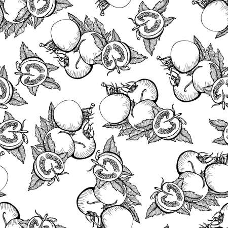 Seamless monochrome vector pattern drawing of tomatoes on white backgroundのイラスト素材