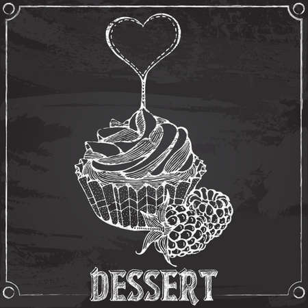 chalk drawing with cupcakes with raspberriesのイラスト素材