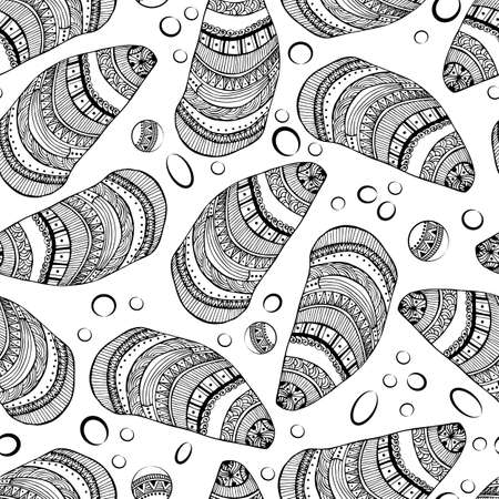 Seamless pattern of decorative seashells isolated on white background. Boho style.のイラスト素材