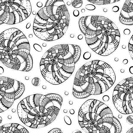 Seamless pattern of decorative seashells isolated on white background. Boho style.のイラスト素材