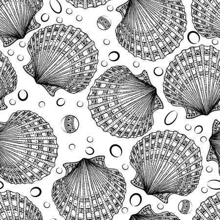 Seamless pattern of decorative seashells isolated on white background.  Boho style.のイラスト素材