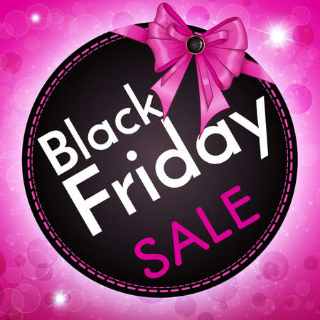 Glamour illustration of a sale round card with bowknot on a sparkles pink background. Black friday sale banner template. Design for Christmas sale, shopping, retail, discount  posterのイラスト素材