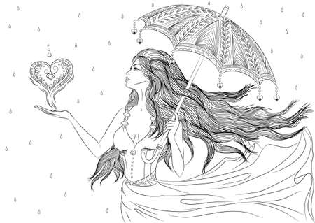 Line art of girl under umbrellaのイラスト素材