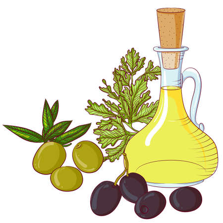 Olives and olive oil on white backgroundのイラスト素材