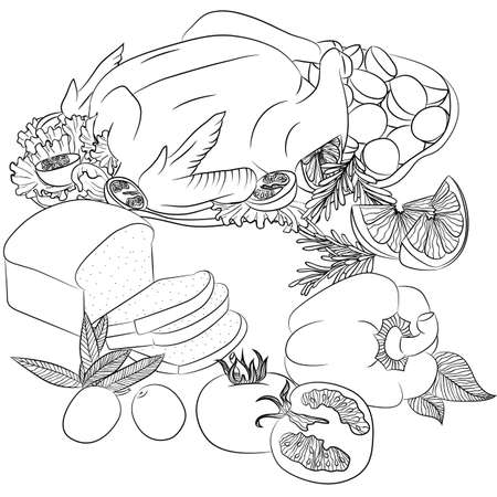 Vector line art illustration with food. Still life with fried chicken, bread and vegetables. Illustration for menu, cookbook or coloring book. Sketch isolated on white backgroundのイラスト素材