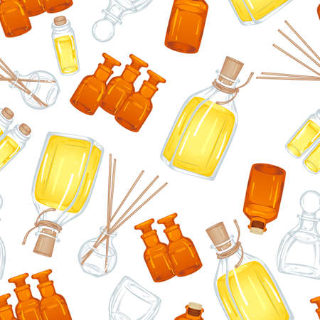 Vector seamless pattern with various types of vials and bottles for aromatic oil. Illustration isolated on white backgroundのイラスト素材