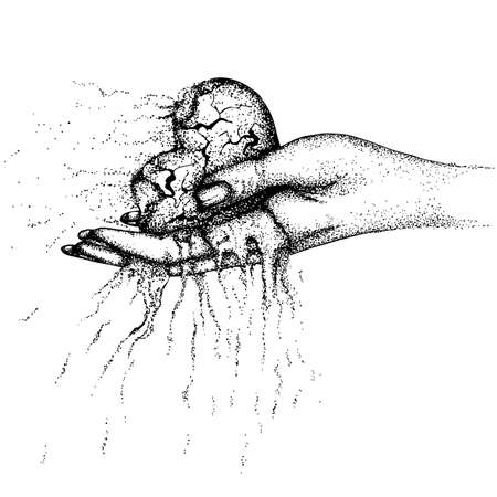 A scorched, crumbling heart in a woman's hand. Vector hand drawn illustration. Monochrome drawing isolated on white backgroundのイラスト素材