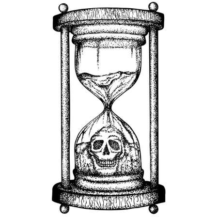 Hourglass with the figure of a skull from crumbling sand. Vector hand drawn illustration. Monochrome...
