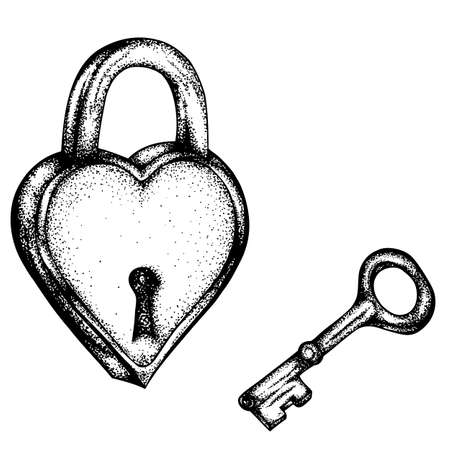 Padlock in the shape of a heart with a key. Vector hand drawn illustration. Monochrome drawing isolated on white backgroundのイラスト素材