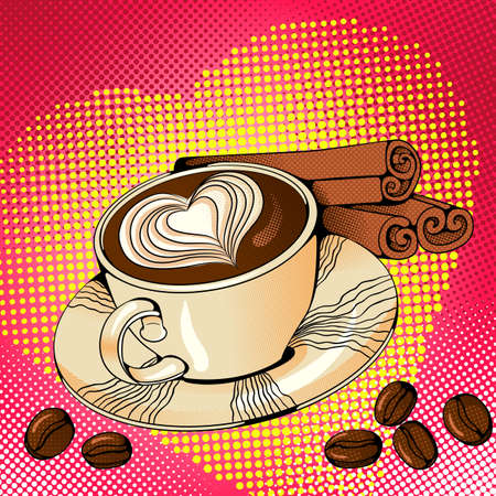 Vector bright colored background in Pop Art style. Illustration with a cup of coffee and cinnamon sticks. Retro comic styleのイラスト素材