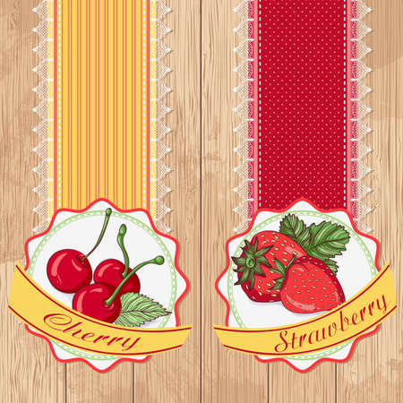 Vector illustration set of labels with cherry and strawberries on a wooden background. Design in retro style for restaurants, cafes, cookbooksのイラスト素材