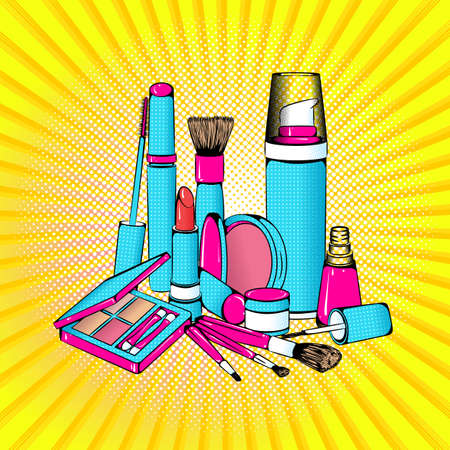 Vector bright colored background in Pop Art style. Illustration with decorative cosmetics. Retro comic styleのイラスト素材