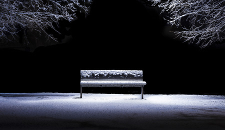 isolated bench in a park after a snowfallの写真素材