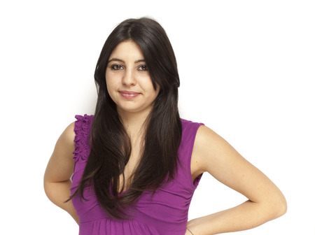 Beautiful girl with a purple tank isolated on a white backgroundの写真素材