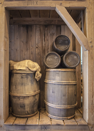 Five wood cask barrel of different sizesの写真素材