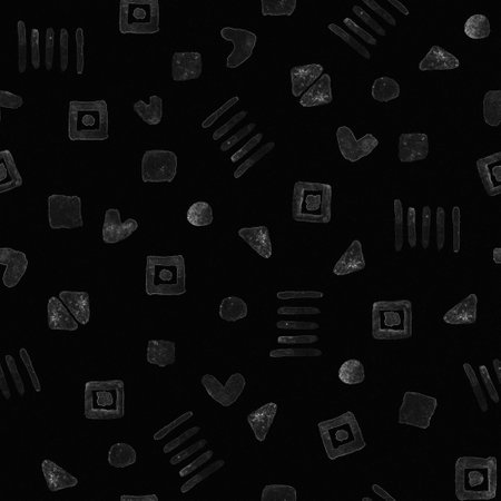 Dark seamless pattern. Small gray ornament on a black background. Raster illustration for printing on paper or fabric. Scrapbooking, wrapper, postcard, packaging, textile, print.の写真素材