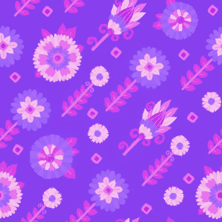 Seamless pattern with floral ornament. Raster illustration for design and printing on fabric or paper. Flowers on a purple background.の写真素材