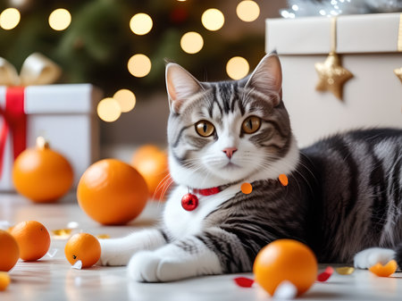 New Year and Christmas card, cute cat lies on the floor, decorated Christmas tree in the background. Interior New Year's decoration with gift boxes and tangerines.の素材