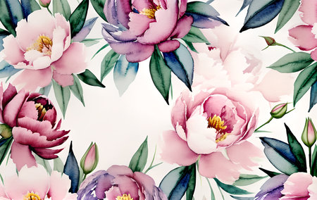 Background with peony flowers and space for text. Design of a greeting or invitation card. Retro style.の素材