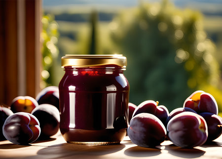 A jar of plum jam and fresh plums on a wooden table on a bright sunny day against a window.の素材