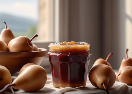 A glass jar of pear jam sits on a windowsill. Fresh pears are lying next to it. Cooking, home cooking. Recipes. Delicious sweet fruits.の素材