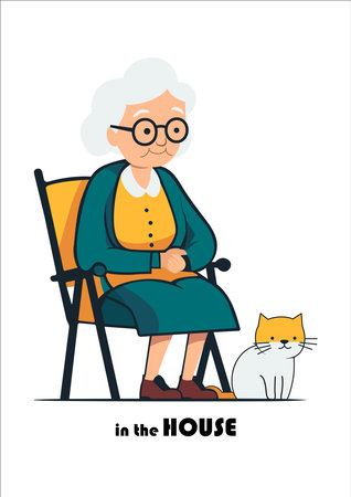 Grandmother is sitting on a chair. A kitten sits at her feet. Flat design style.のイラスト素材