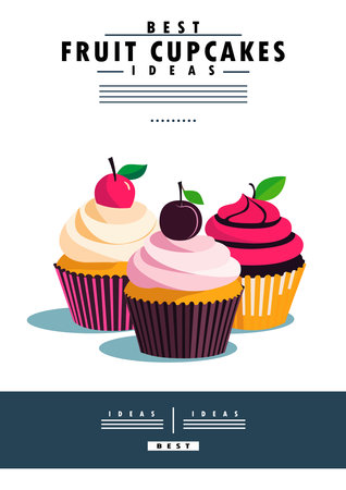 Design for poster, flyer with image of cherry cupcakes in simple vector style.のイラスト素材