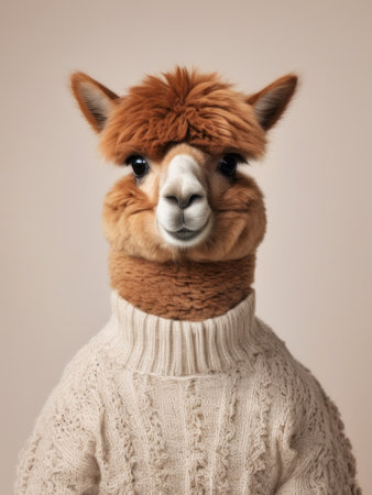 A llama poses in a warm llama wool sweater, studio photo. Joke illustration for advertisement of knitted products made of animal hair.の素材