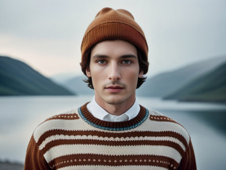Portrait of a model-looking man in knitted clothes, in nature by a lake overlooking the mountains on a cloudy day.の素材
