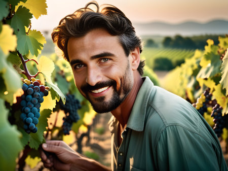 Close-up portrait of a young farmer in a vineyard looking at ripe bunches of grapes. Evening lighting.の素材