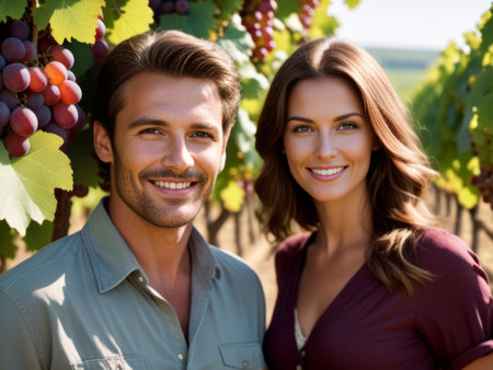 Close-up portrait of a married couple of farmers of model appearance standing in a vineyard.の素材