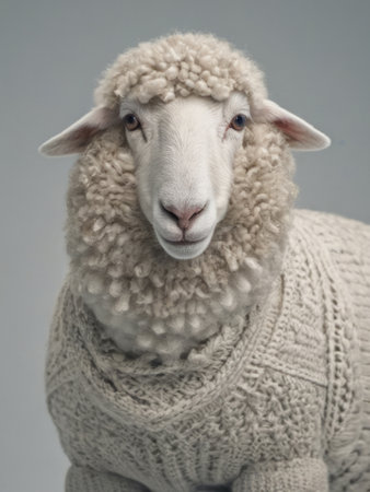 Sheep in knitted sweater poses in studio on monochrome background. Advertisement of knitted wool products of needlework magazine.の素材