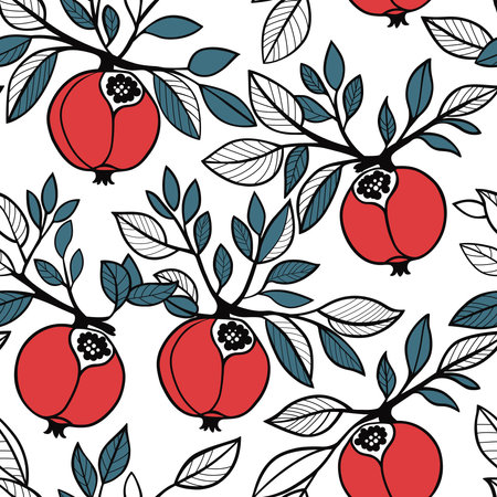 Seamless pattern for interior design, printing on fabric and paper. Red pomegranate fruits on a white background.のイラスト素材
