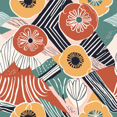 Seamless pattern, large flowers in flat style, bright floral background, floral pattern and stripes, great for fashion fabric, interior decoration, textiles and wallpaper. Beautiful illustration for printing on fabric and paper.のイラスト素材