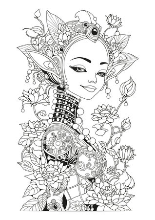 Cute fairy with flowers smiles. Coloring page. Art therapy for children and adults. Black and white illustration for coloring.のイラスト素材