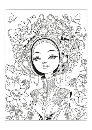 Cheerful girl in a headdress decorated with flowers and ornaments. Coloring page for children and adults. Art therapy. Black and white illustration for printing on paper and for coloring.のイラスト素材