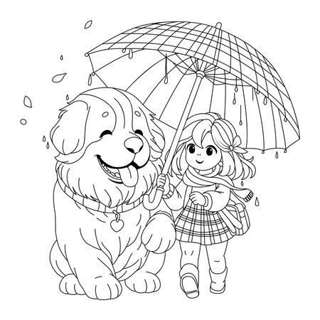 Cute girl walking under an umbrella on a rainy day with her dog. Coloring page for kids.のイラスト素材